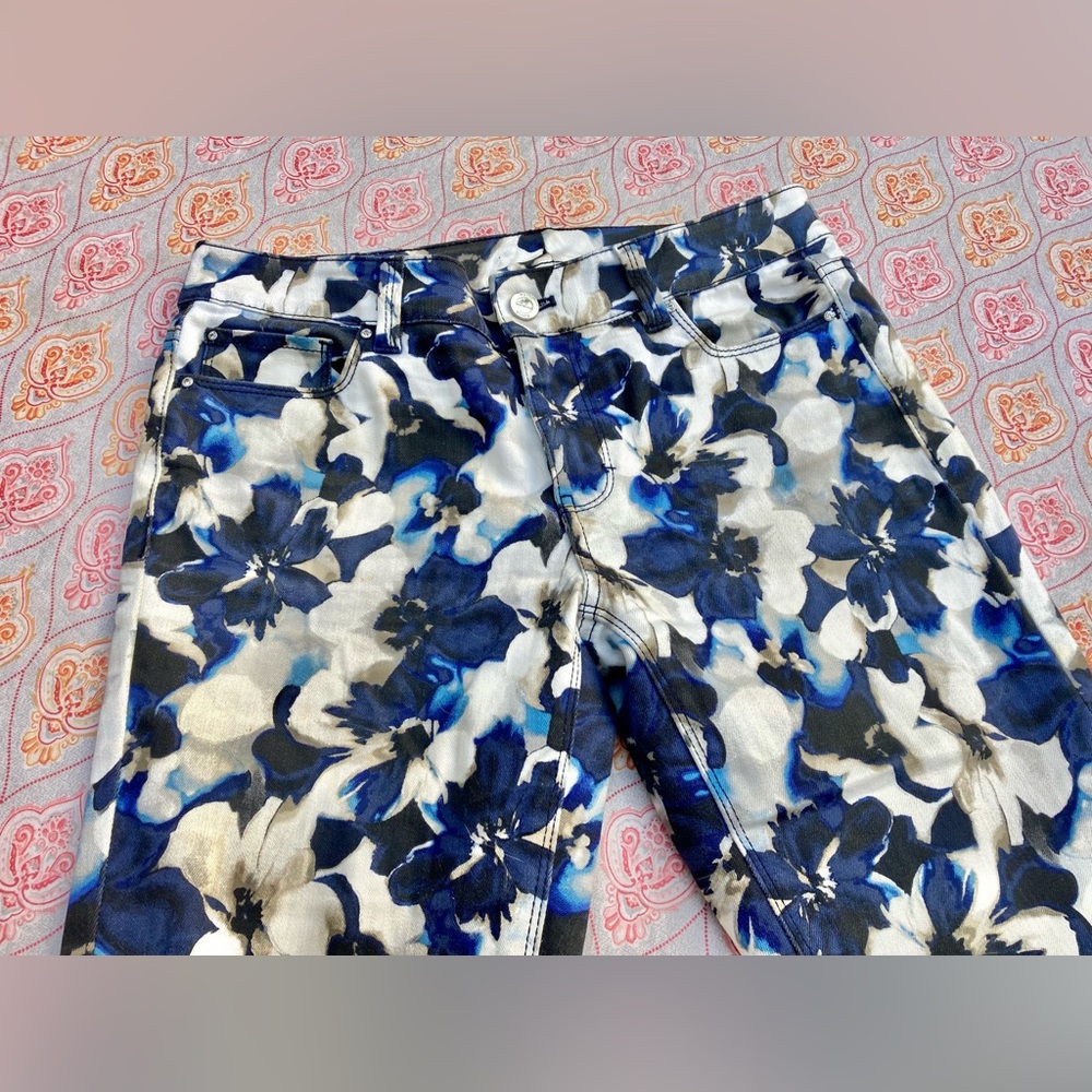 White & Blue Floral Slim Ankle Rhinestone Denim Jeans - Picture 8 of 13